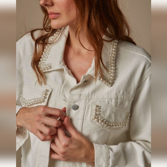 Savanna Jane Jackets & Blazers - Savannah Jane Pearl Studded White Denim Jacket NWOT